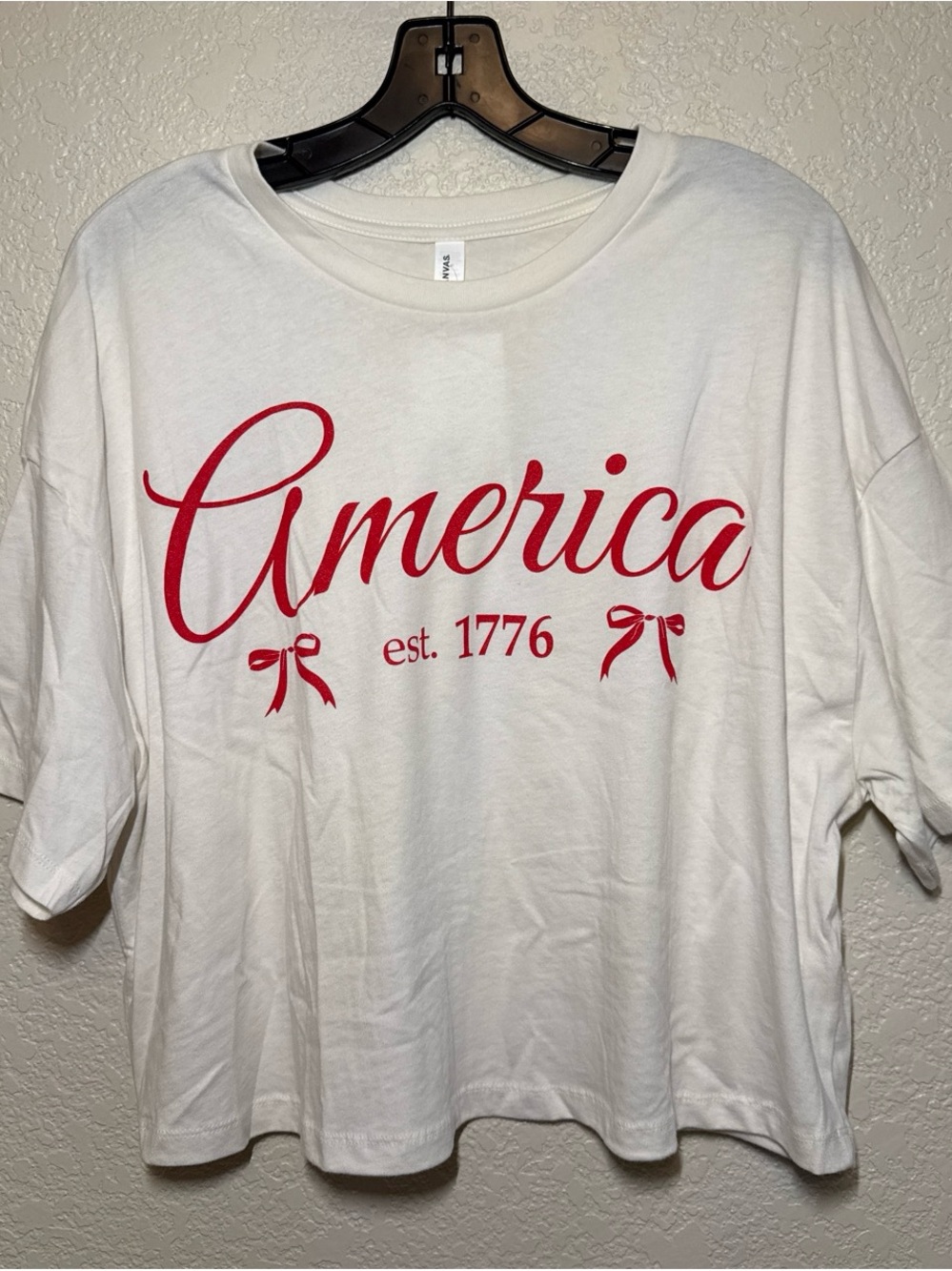 Bella Canvas White Crop Top with Red "America est. 1776" Print